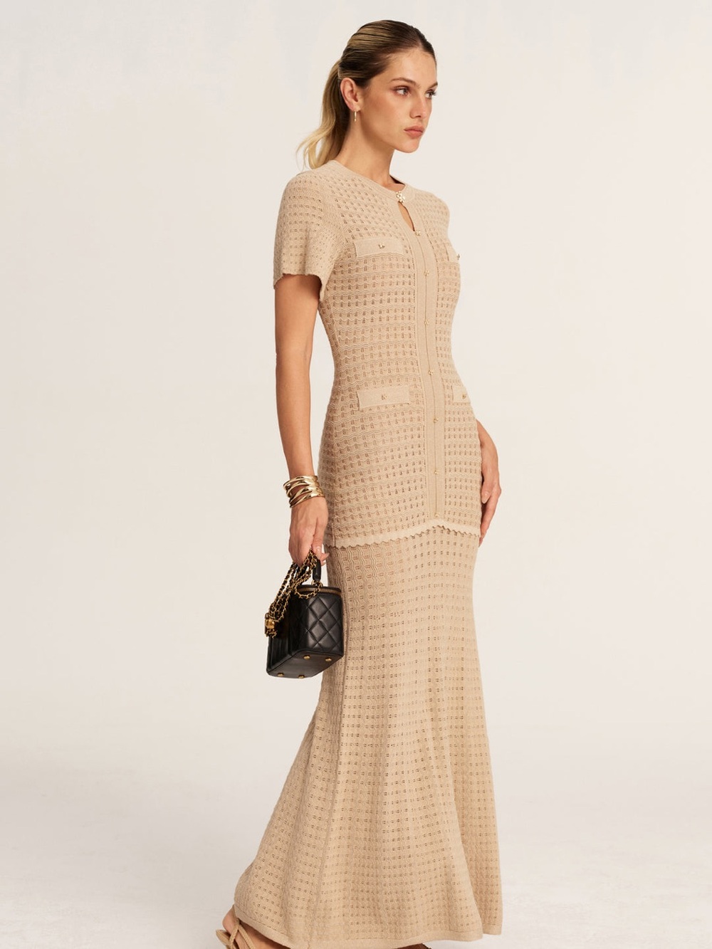 COMMENSE Short Sleeve Crochet Knit Mermaid Maxi Dress Khaki Gold Size S NWT